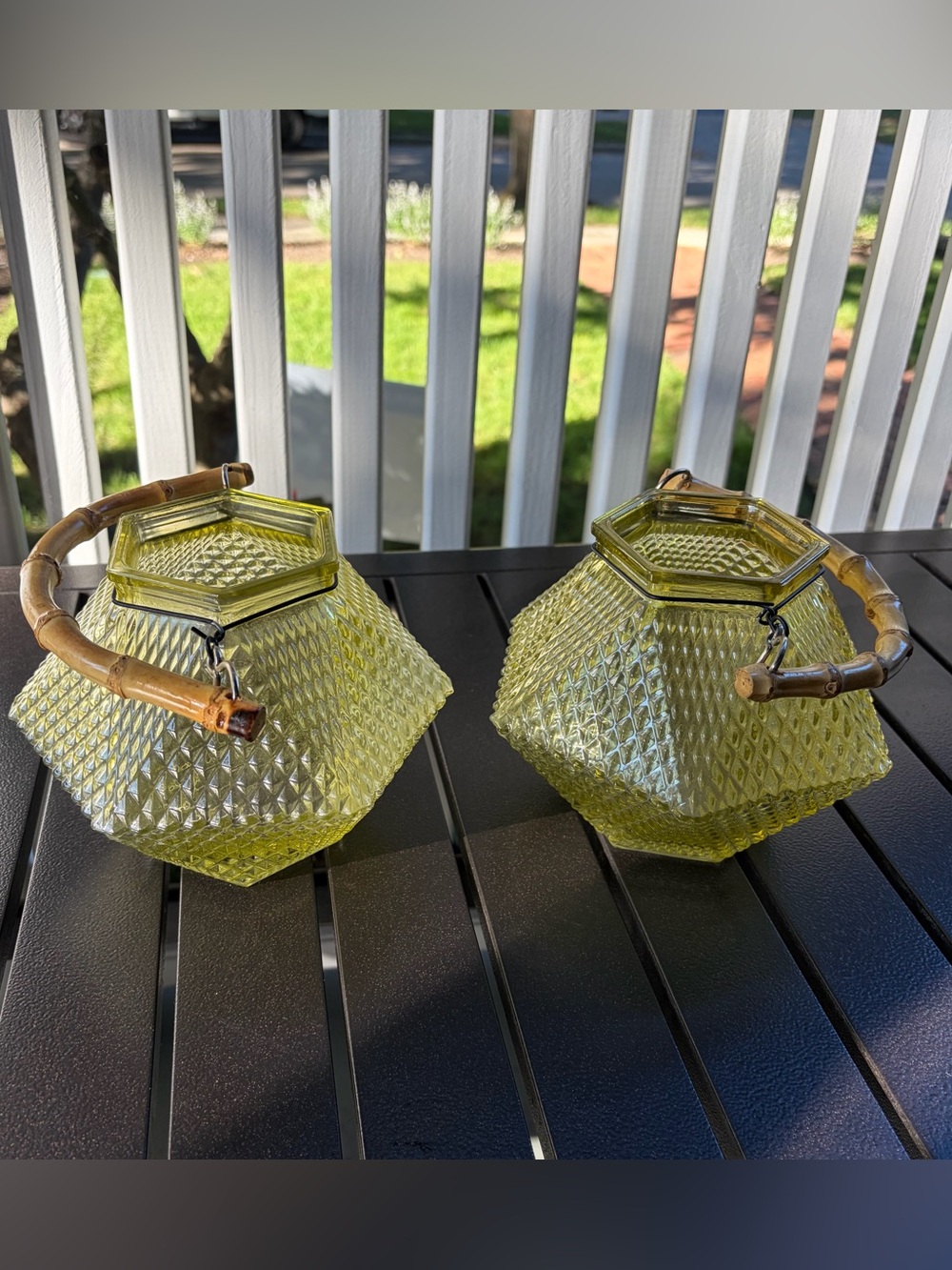 VTG Pair MCM Y&L Chartreuse Green-Yellow Glass Lanterns Diamond Bamboo Handle